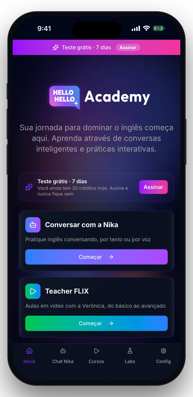 O app Hello Hello Academy aberto na tela inicial, num iPhone