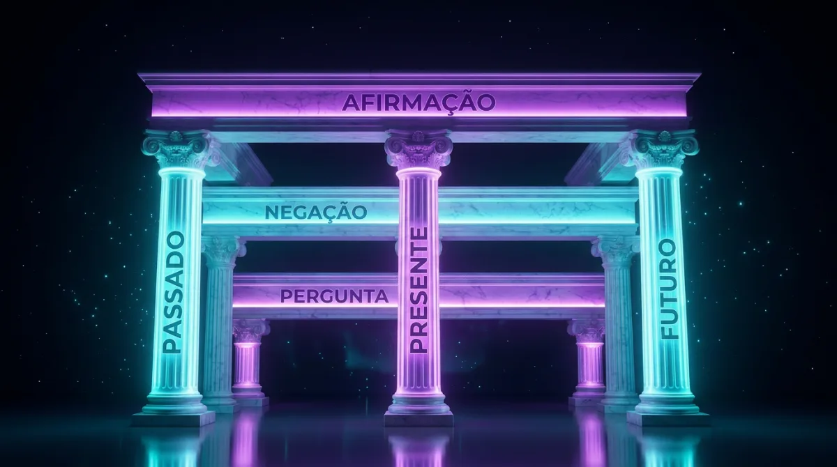 Os pilares do método: os tempos verbais (passado, presente, futuro) sustentando as estruturas (afirmação, negação, pergunta)